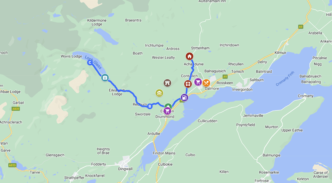 Day-5: Trip Itinerary, Loch Glass, Ben Wyvis, MyMaps