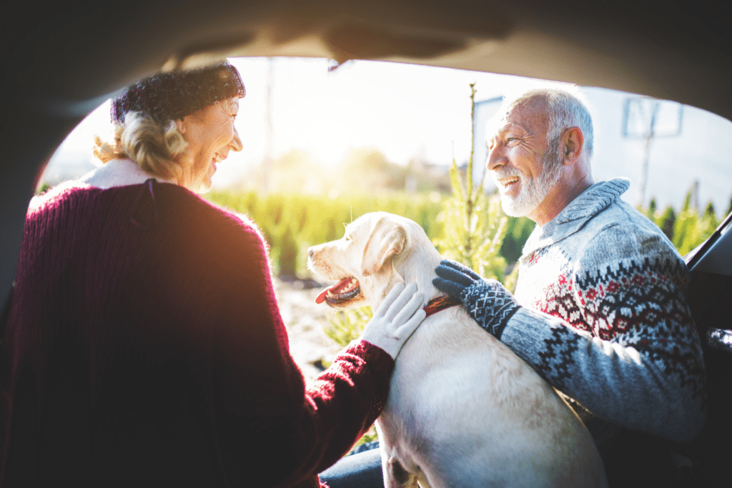 senior couple travel with dog